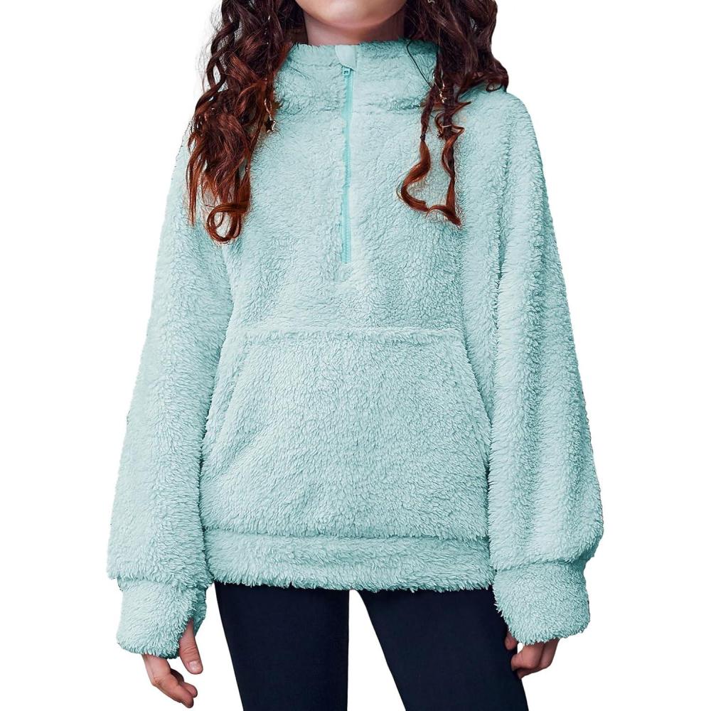 imageArshiner Girls Fuzzy Hoodies Half Zip Sherpa Pullover Sweatshirt Fleece Cozy Outwear Coat with PocketsPastel Teal