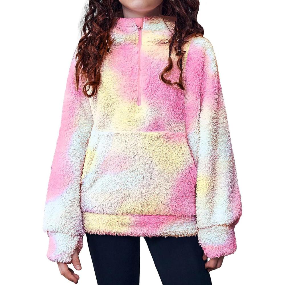imageArshiner Girls Fuzzy Hoodies Half Zip Sherpa Pullover Sweatshirt Fleece Cozy Outwear Coat with PocketsPink Blue