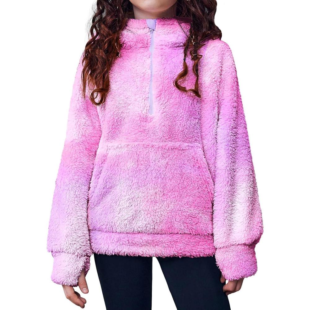 imageArshiner Girls Fuzzy Hoodies Half Zip Sherpa Pullover Sweatshirt Fleece Cozy Outwear Coat with PocketsPink Purple
