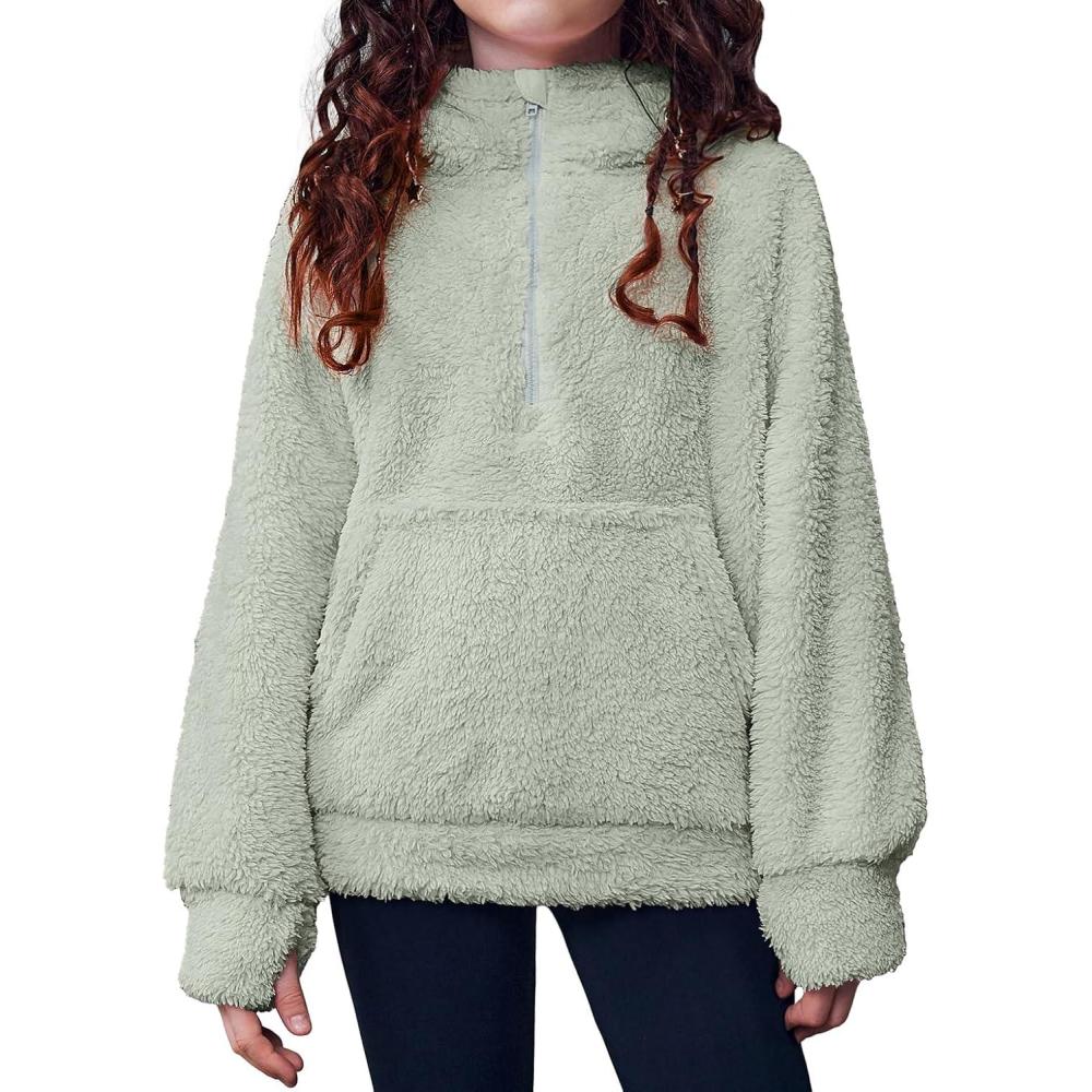 imageArshiner Girls Fuzzy Hoodies Half Zip Sherpa Pullover Sweatshirt Fleece Cozy Outwear Coat with PocketsSage Green