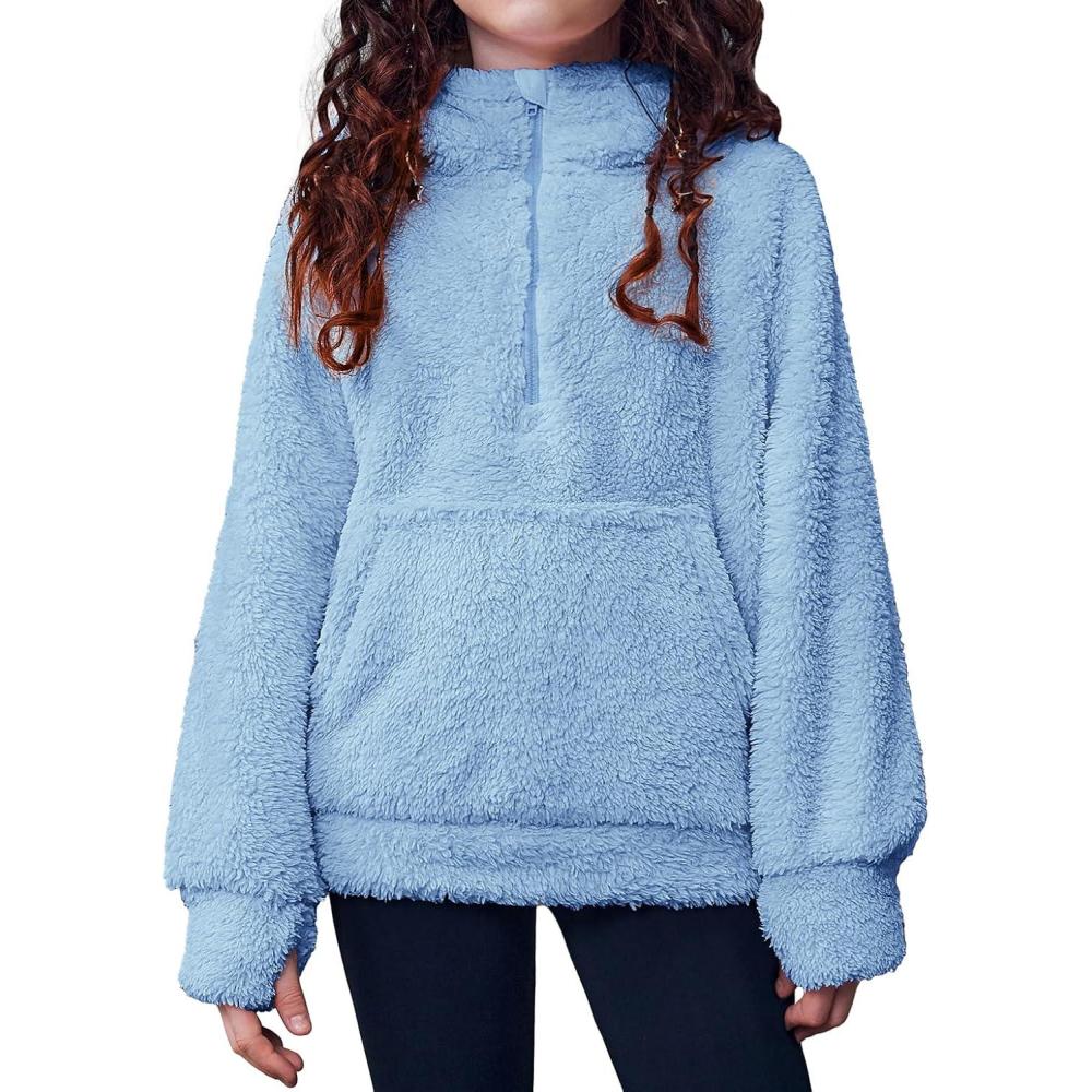 imageArshiner Girls Fuzzy Hoodies Half Zip Sherpa Pullover Sweatshirt Fleece Cozy Outwear Coat with PocketsSky Blue