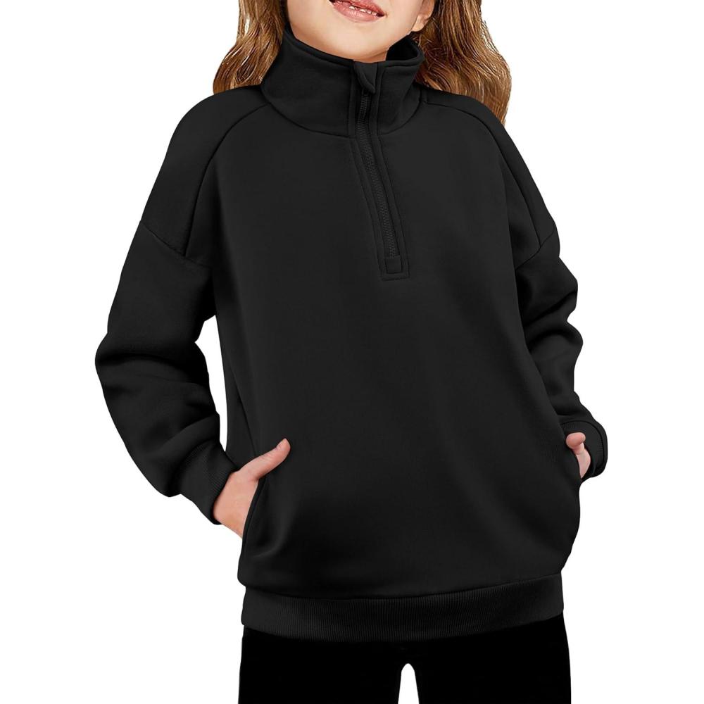 imageArshiner Girls Half Zip Sweatshirt Fleece Quarter Zip Pullover Sweatshirts Fall Winter Clothes for Teen Girl Side PocketsBlack