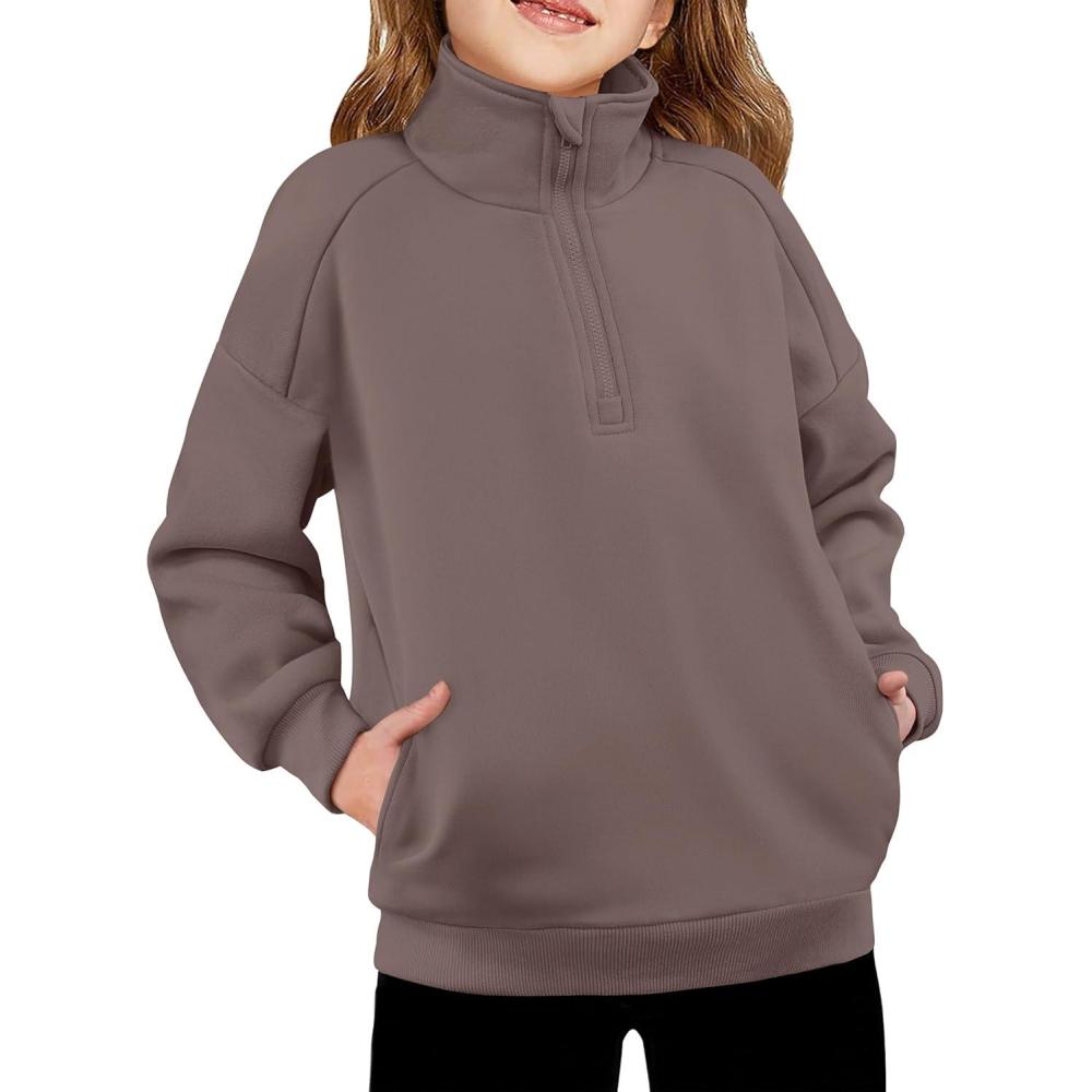 imageArshiner Girls Half Zip Sweatshirt Fleece Quarter Zip Pullover Sweatshirts Fall Winter Clothes for Teen Girl Side PocketsCoffee
