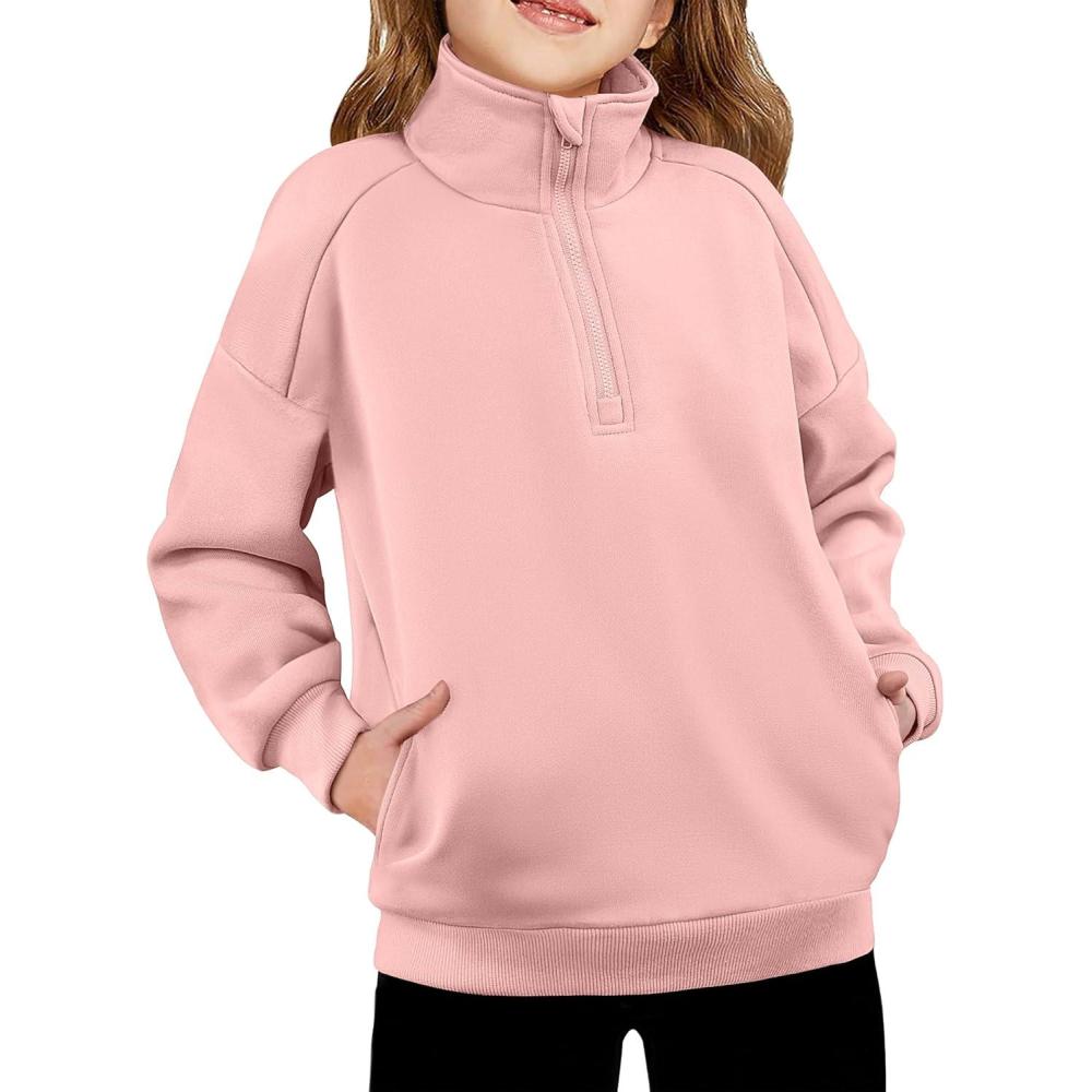 imageArshiner Girls Half Zip Sweatshirt Fleece Quarter Zip Pullover Sweatshirts Fall Winter Clothes for Teen Girl Side PocketsLight Pink