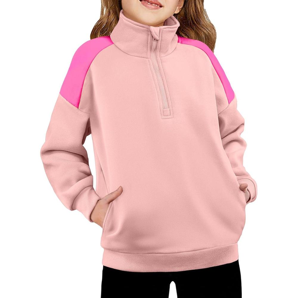 imageArshiner Girls Half Zip Sweatshirt Fleece Quarter Zip Pullover Sweatshirts Fall Winter Clothes for Teen Girl Side PocketsLight Pink Color Block