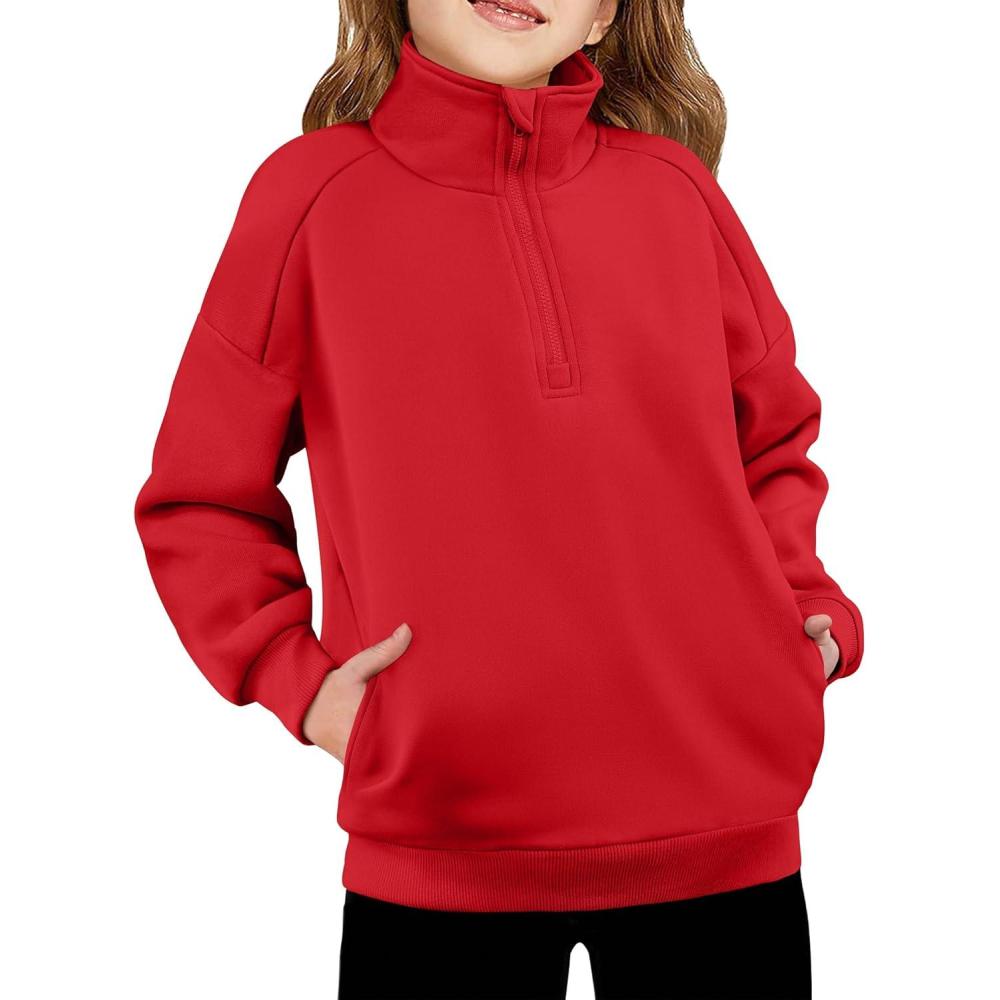 imageArshiner Girls Half Zip Sweatshirt Fleece Quarter Zip Pullover Sweatshirts Fall Winter Clothes for Teen Girl Side PocketsRed