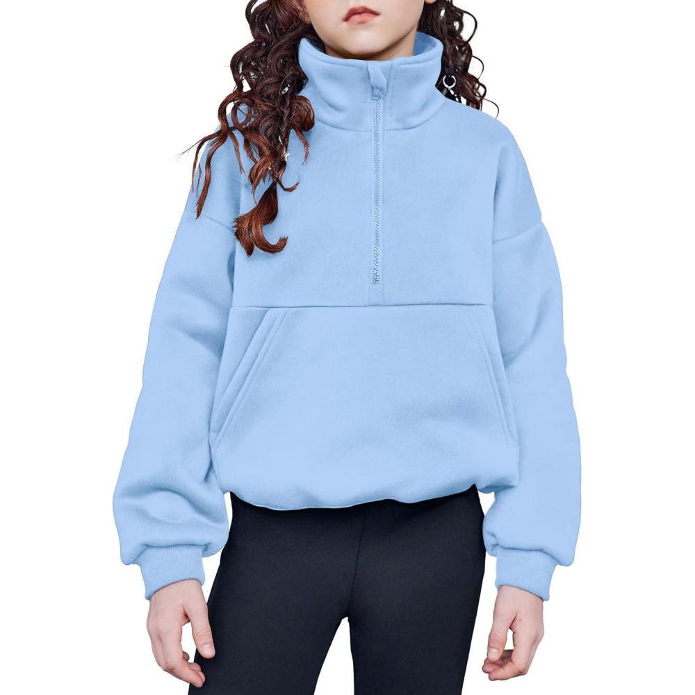 imageArshiner Girls Half Zip Sweatshirt with Drawstring Hem Fleece Quarter Zip Pullover Sweatshirts Fall Clothes for Teen GirlBlue