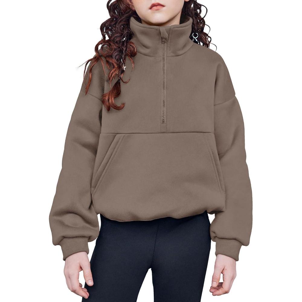 imageArshiner Girls Half Zip Sweatshirt with Drawstring Hem Fleece Quarter Zip Pullover Sweatshirts Fall Clothes for Teen GirlCoffee