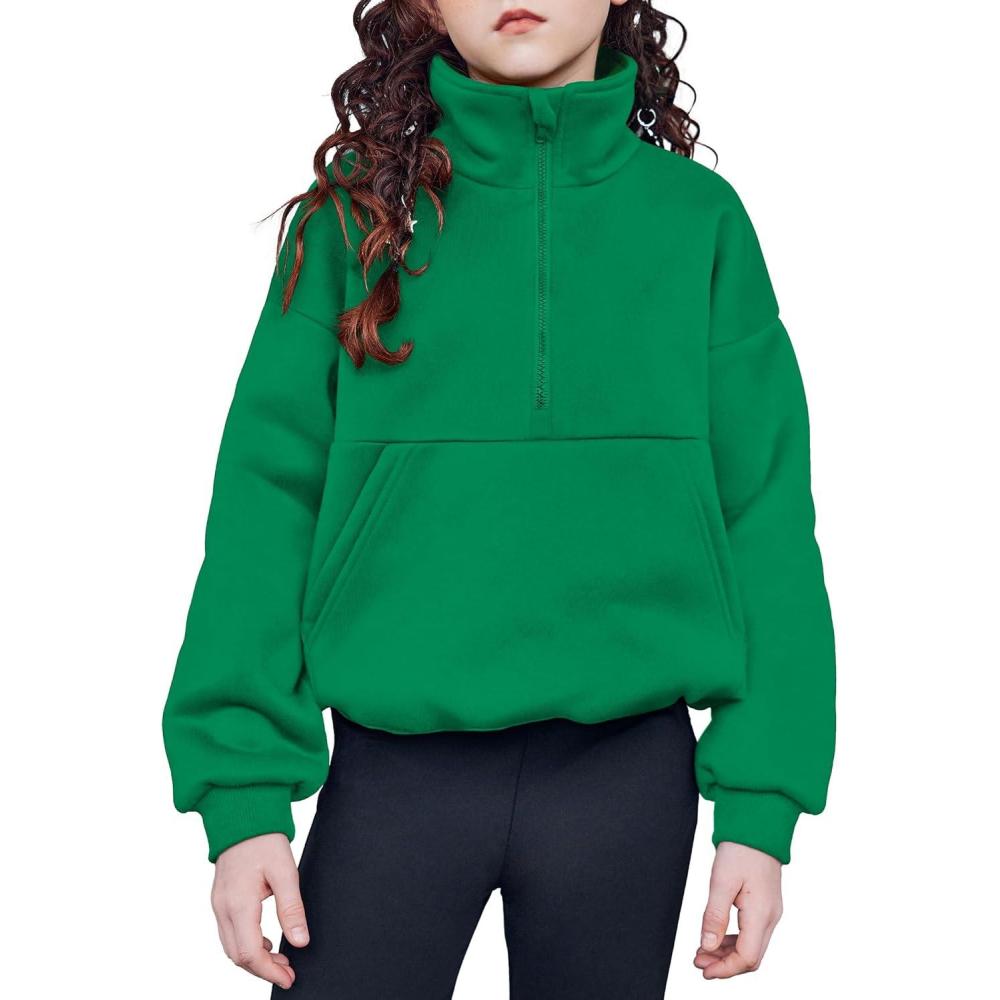 imageArshiner Girls Half Zip Sweatshirt with Drawstring Hem Fleece Quarter Zip Pullover Sweatshirts Fall Clothes for Teen GirlGreen