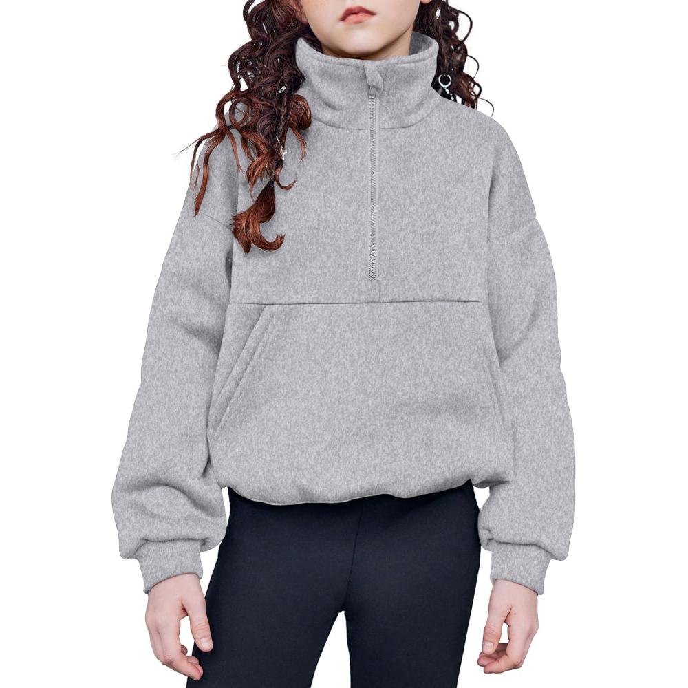 imageArshiner Girls Half Zip Sweatshirt with Drawstring Hem Fleece Quarter Zip Pullover Sweatshirts Fall Clothes for Teen GirlGrey