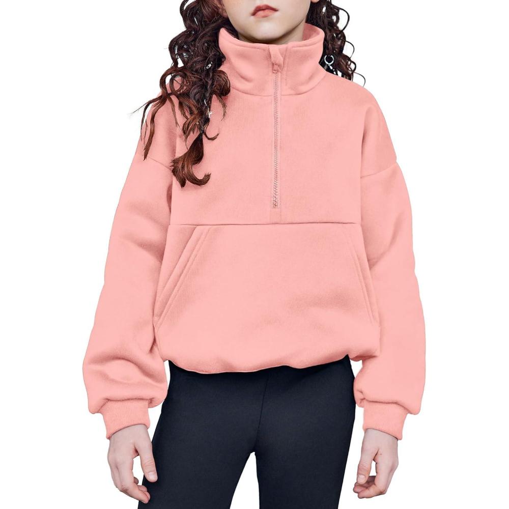 imageArshiner Girls Half Zip Sweatshirt with Drawstring Hem Fleece Quarter Zip Pullover Sweatshirts Fall Clothes for Teen GirlLight Pink