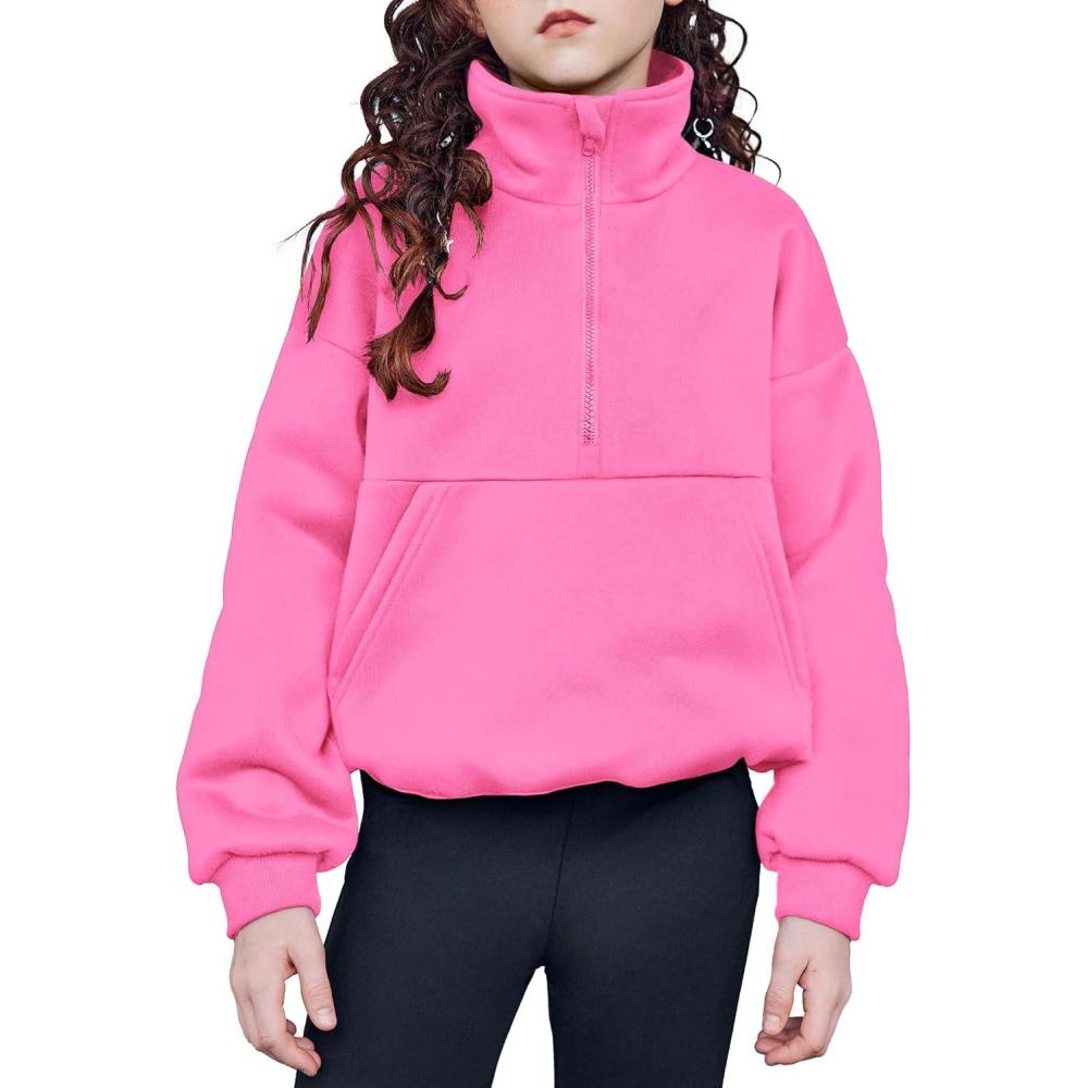 imageArshiner Girls Half Zip Sweatshirt with Drawstring Hem Fleece Quarter Zip Pullover Sweatshirts Fall Clothes for Teen GirlPink