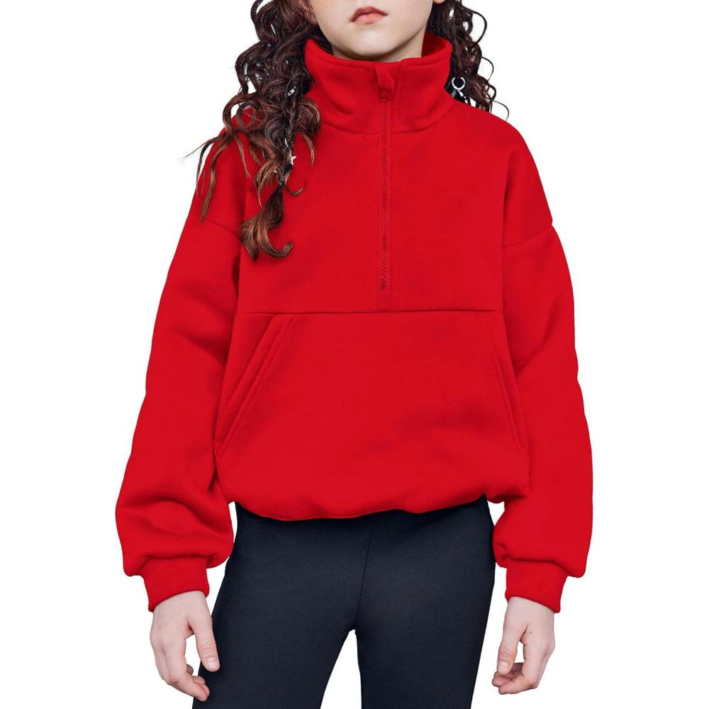 imageArshiner Girls Half Zip Sweatshirt with Drawstring Hem Fleece Quarter Zip Pullover Sweatshirts Fall Clothes for Teen GirlRed