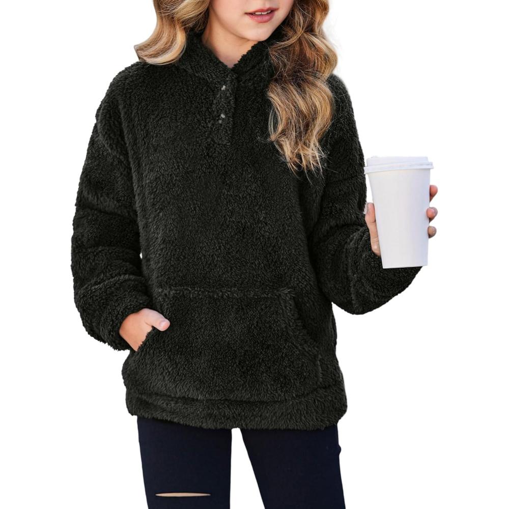 imageArshiner Girls Hoodie Sherpa Fleece Pullover Hooded Sweatshirt for Girl Button Up Casual Outerwear Coat With PocketsBlack