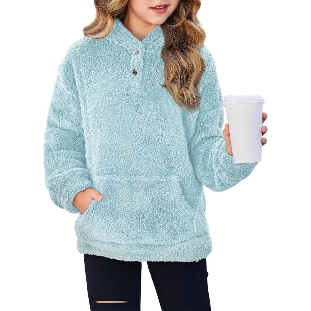 imageArshiner Girls Hoodie Sherpa Fleece Pullover Hooded Sweatshirt for Girl Button Up Casual Outerwear Coat With PocketsBlue