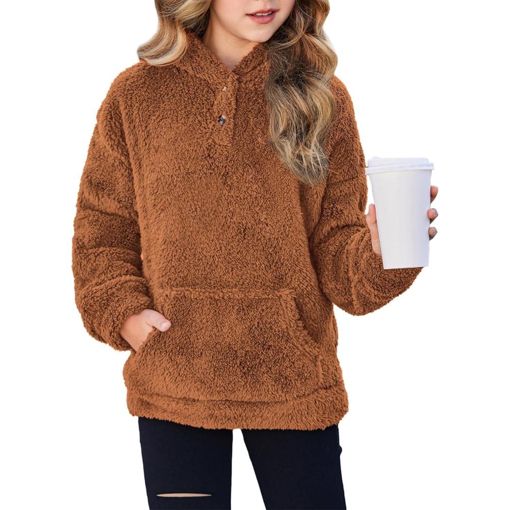 imageArshiner Girls Hoodie Sherpa Fleece Pullover Hooded Sweatshirt for Girl Button Up Casual Outerwear Coat With PocketsBronze