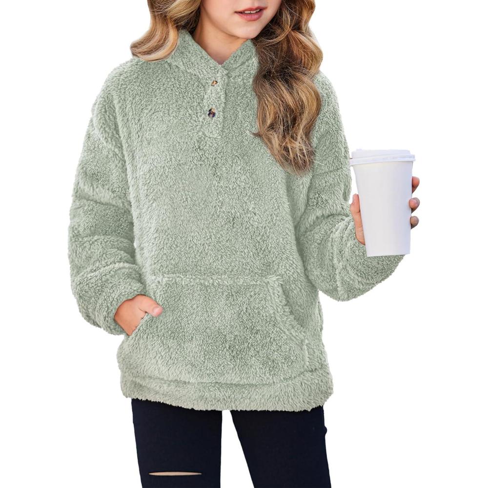 imageArshiner Girls Hoodie Sherpa Fleece Pullover Hooded Sweatshirt for Girl Button Up Casual Outerwear Coat With PocketsGreen