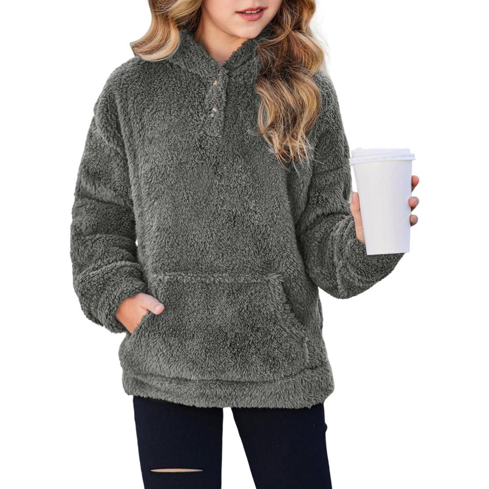 imageArshiner Girls Hoodie Sherpa Fleece Pullover Hooded Sweatshirt for Girl Button Up Casual Outerwear Coat With PocketsGrey
