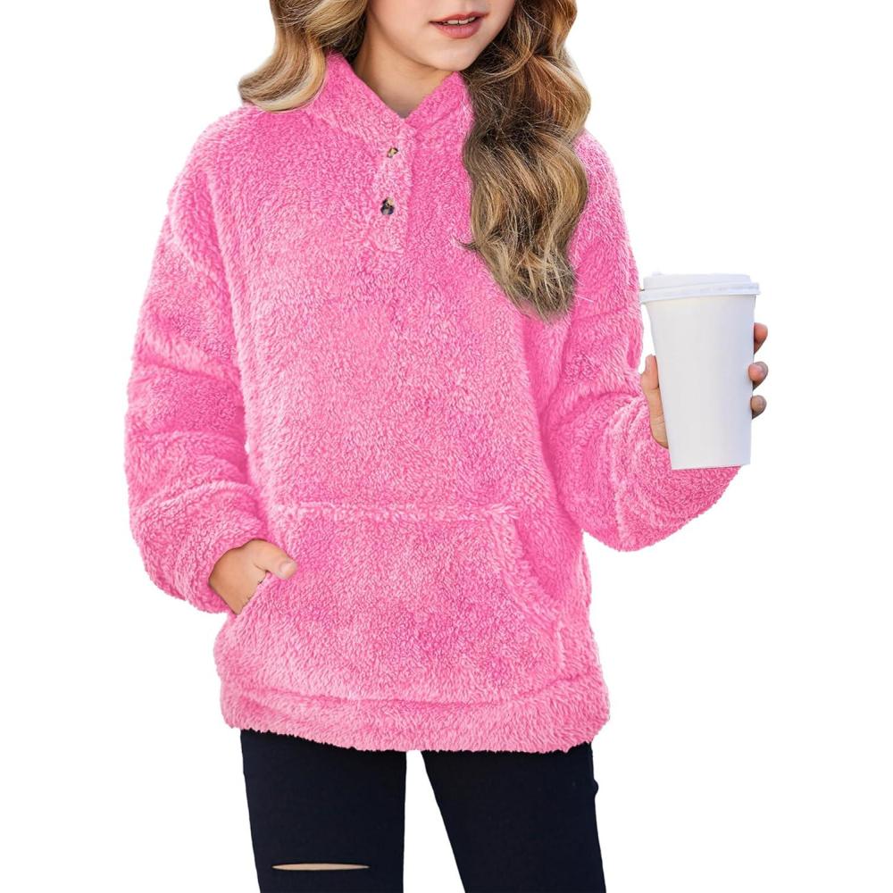 imageArshiner Girls Hoodie Sherpa Fleece Pullover Hooded Sweatshirt for Girl Button Up Casual Outerwear Coat With PocketsHot Pink