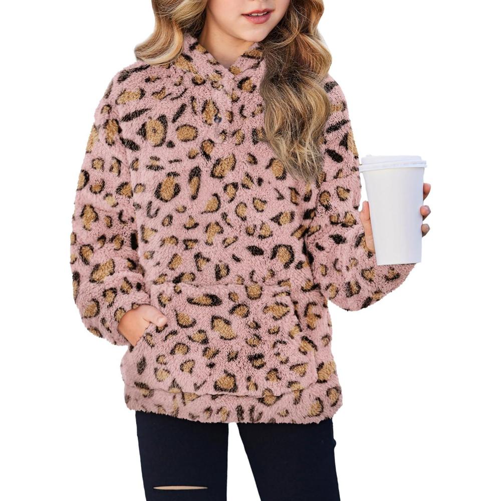 imageArshiner Girls Hoodie Sherpa Fleece Pullover Hooded Sweatshirt for Girl Button Up Casual Outerwear Coat With PocketsPink Leopard