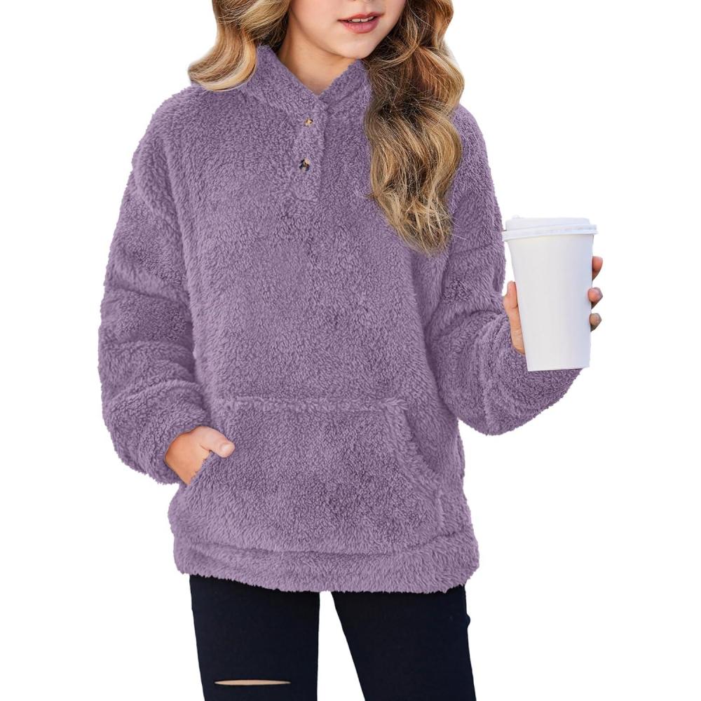 imageArshiner Girls Hoodie Sherpa Fleece Pullover Hooded Sweatshirt for Girl Button Up Casual Outerwear Coat With PocketsPurple