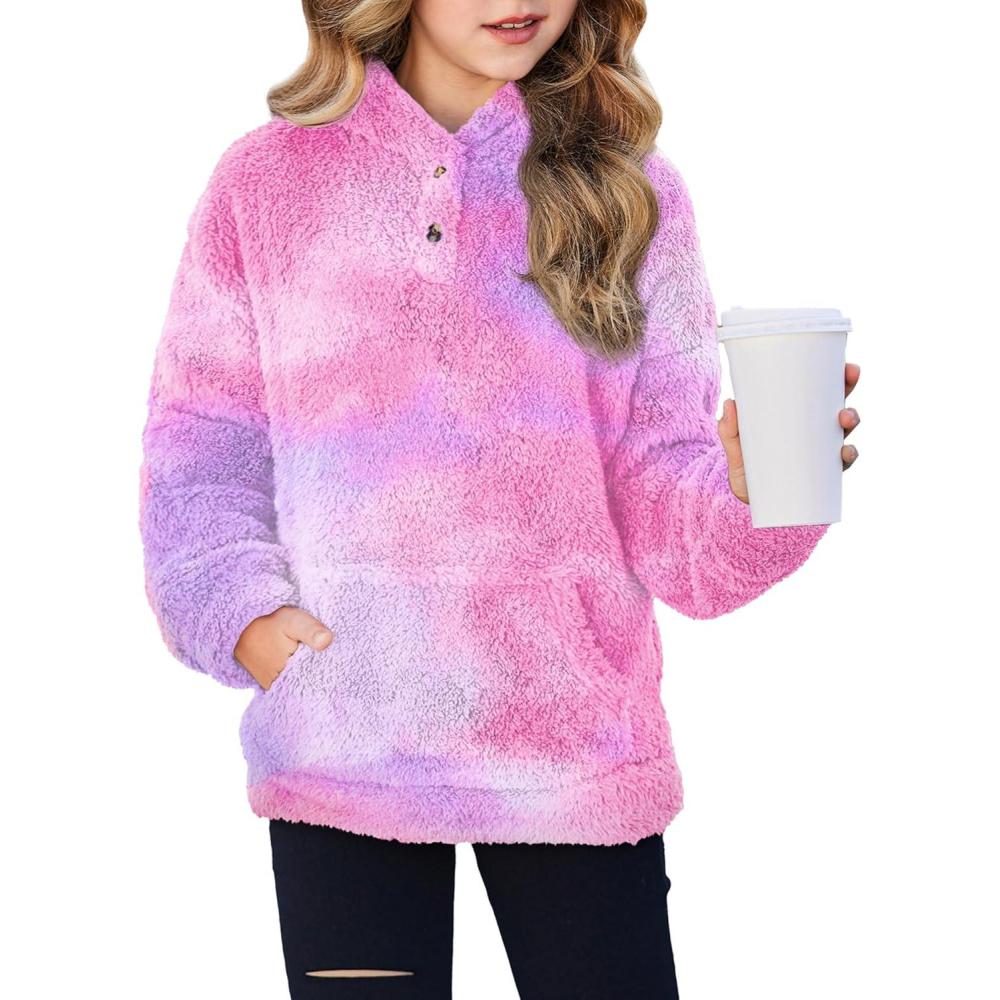 imageArshiner Girls Hoodie Sherpa Fleece Pullover Hooded Sweatshirt for Girl Button Up Casual Outerwear Coat With PocketsTiedye Pink