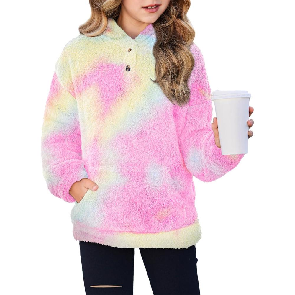imageArshiner Girls Hoodie Sherpa Fleece Pullover Hooded Sweatshirt for Girl Button Up Casual Outerwear Coat With PocketsTiedye Yellow