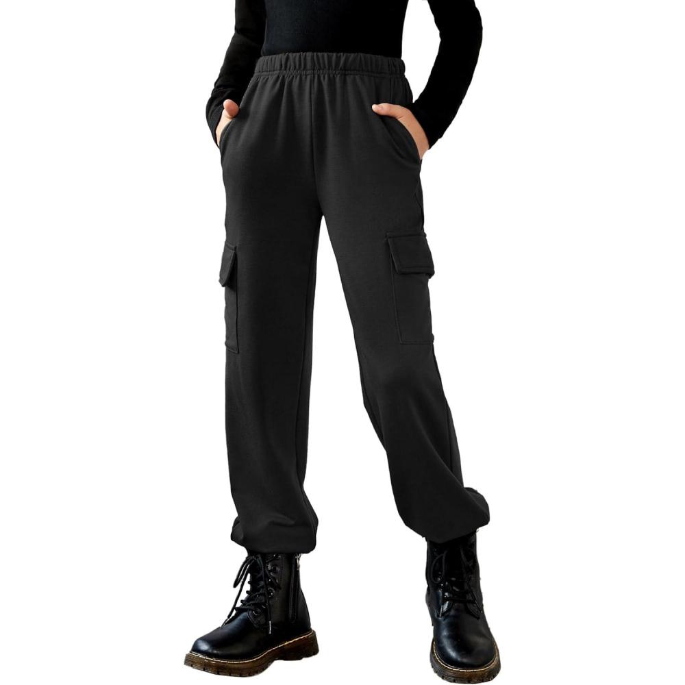 imageArshiner Girls Joggers Sweatpants Kids Cargo Loose High Waisted Pants with Pockets 516 YearsBlack