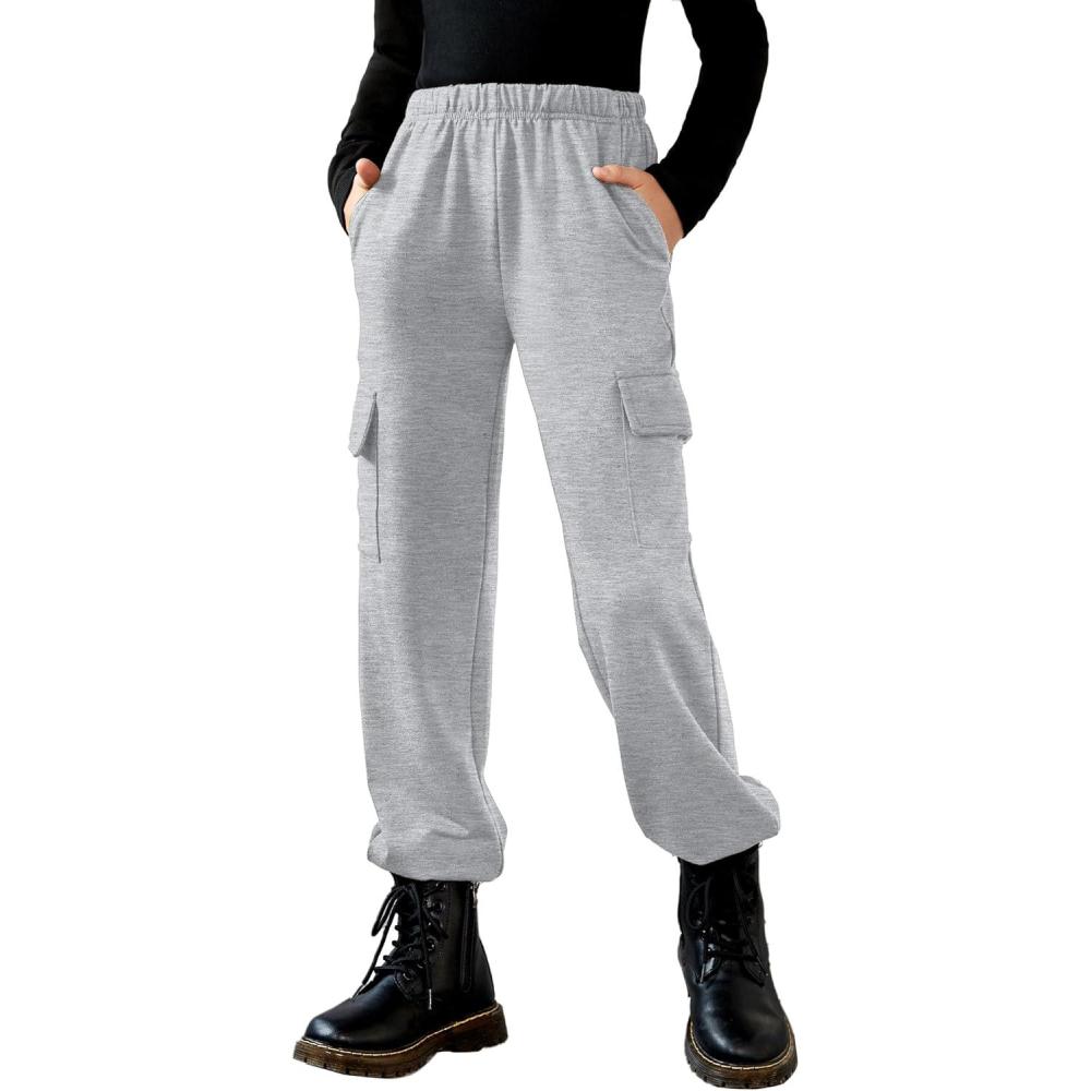 imageArshiner Girls Joggers Sweatpants Kids Cargo Loose High Waisted Pants with Pockets 516 YearsLight Gray