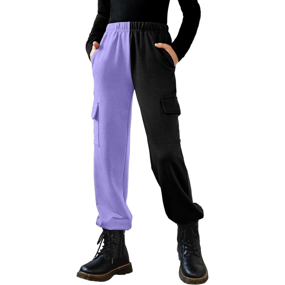 imageArshiner Girls Joggers Sweatpants Kids Cargo Loose High Waisted Pants with Pockets 516 YearsPurple Color Block