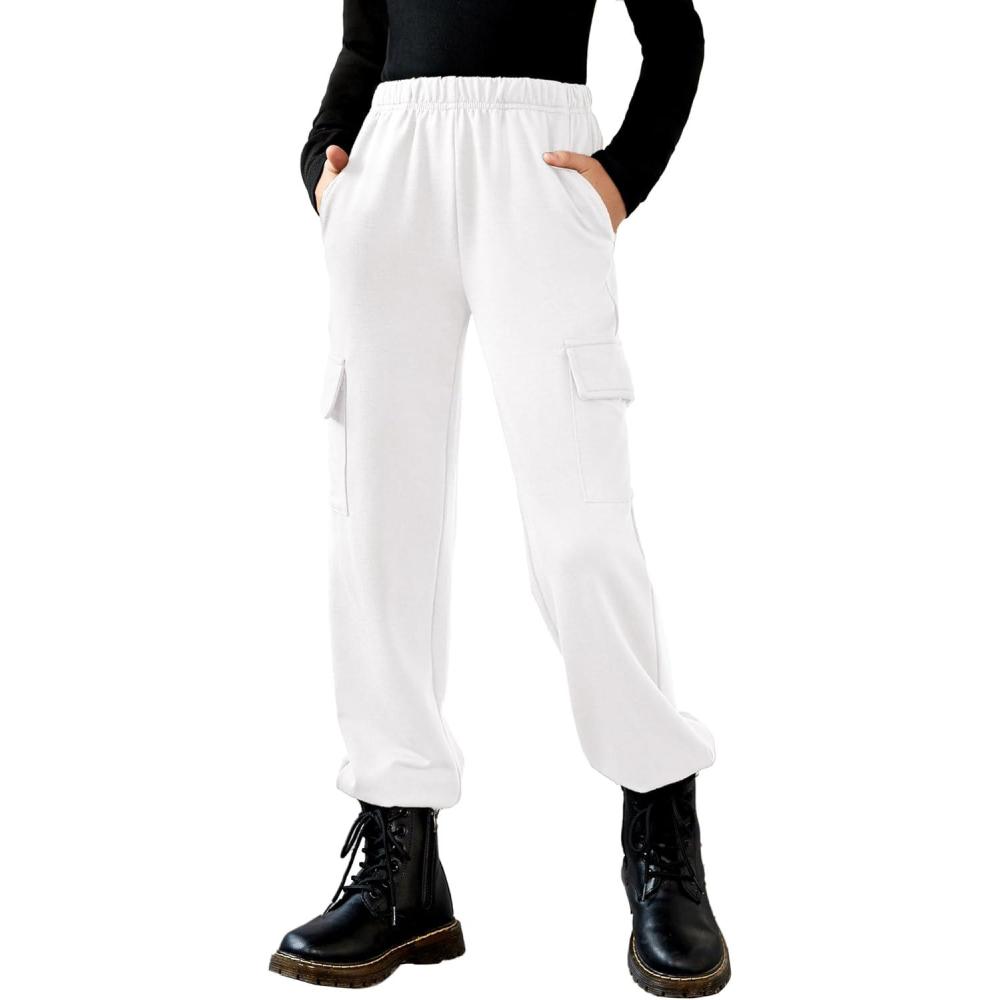 imageArshiner Girls Joggers Sweatpants Kids Cargo Loose High Waisted Pants with Pockets 516 YearsWhite