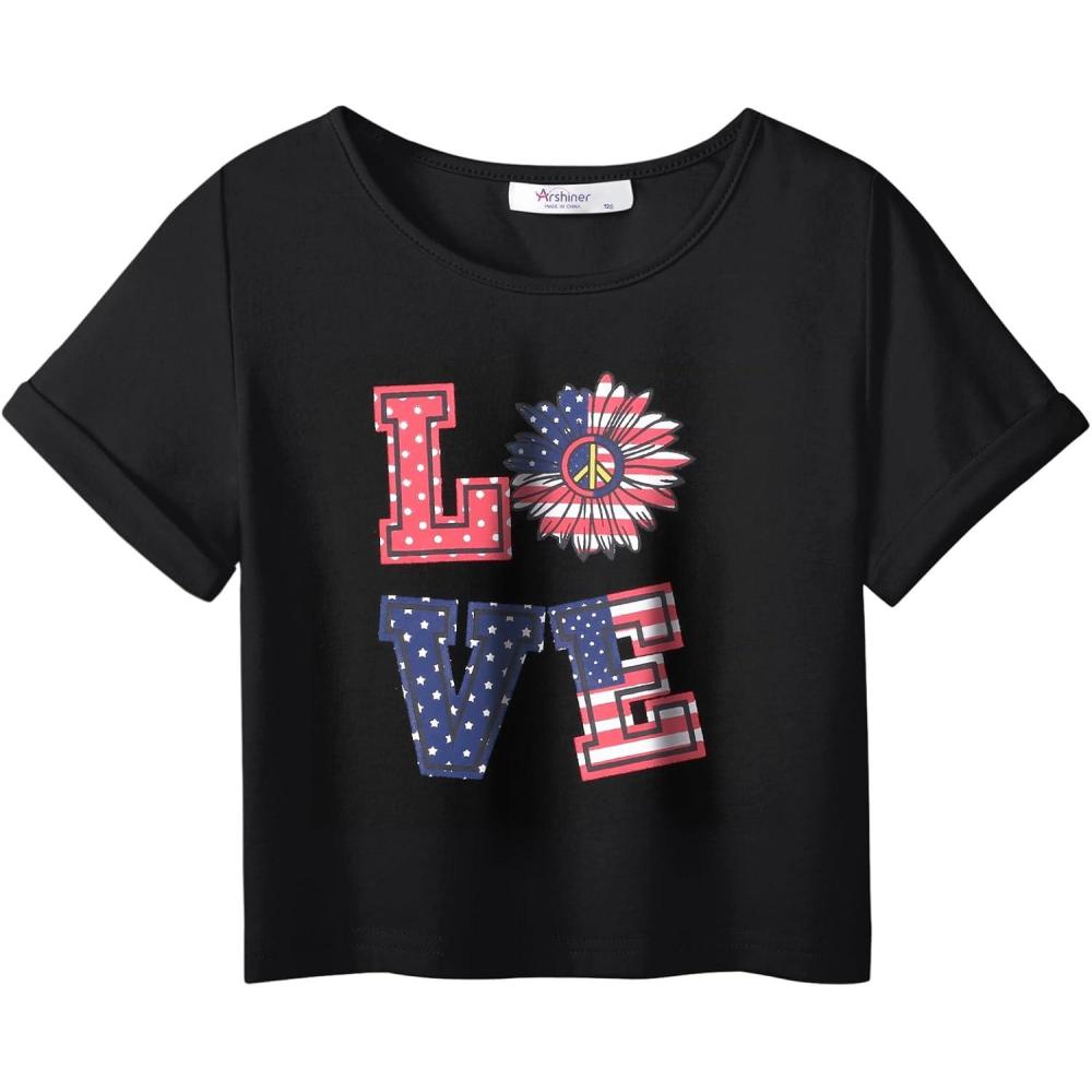 imageArshiner Girls July 4th American Flag T Shirts Crop Top Short Sleeve Shirt TeeBlack Love