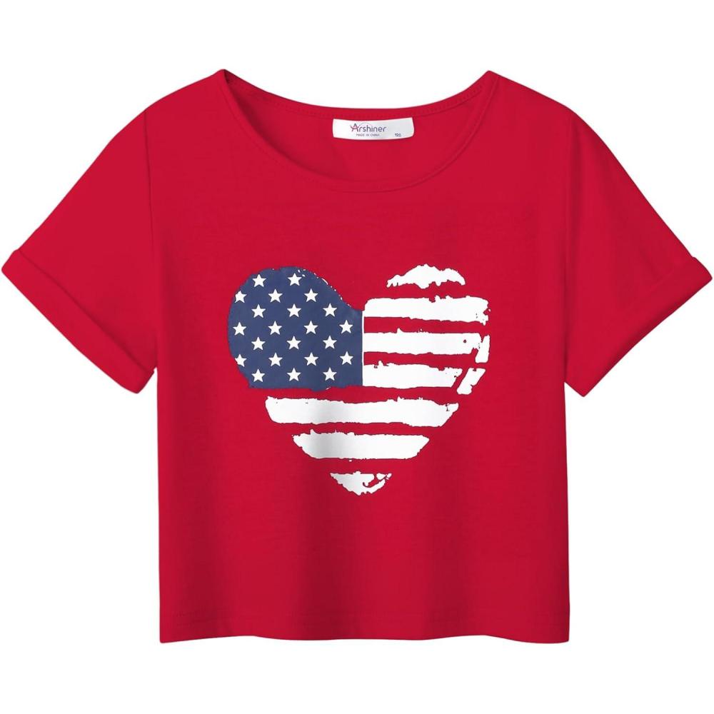 imageArshiner Girls July 4th American Flag T Shirts Crop Top Short Sleeve Shirt TeeRed Heart