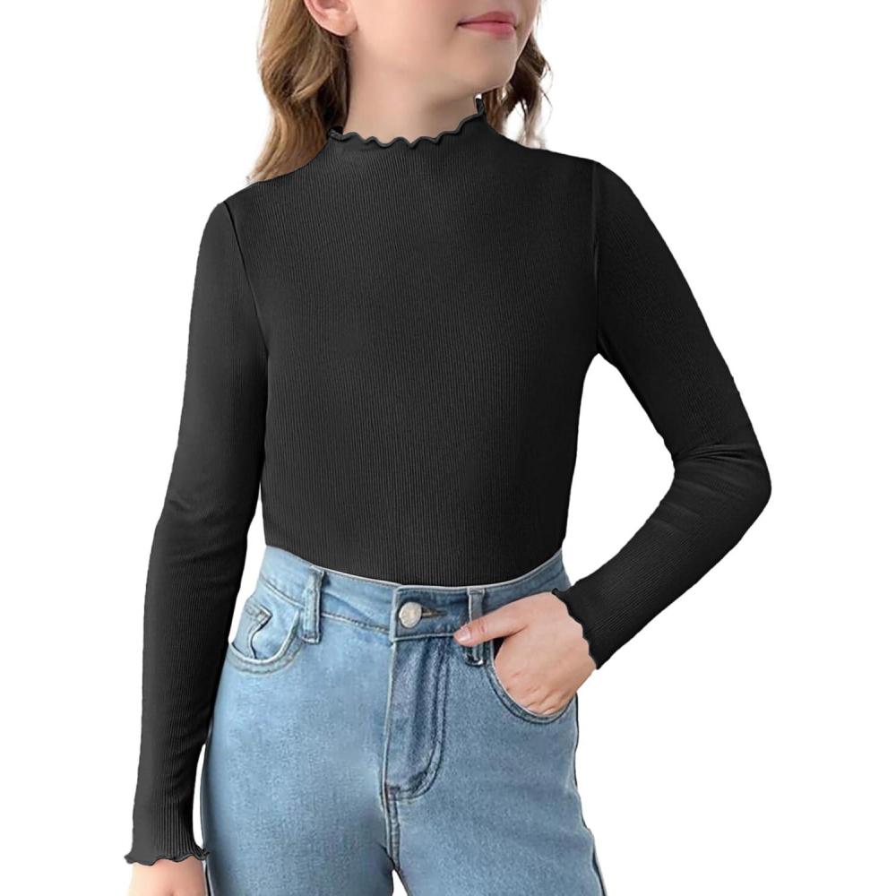 imageArshiner Girls Lettuce Trim Mock Neck Long Sleeve Shirts Ribbed Knit Slim Fit Base Layer Tops TeesBlack