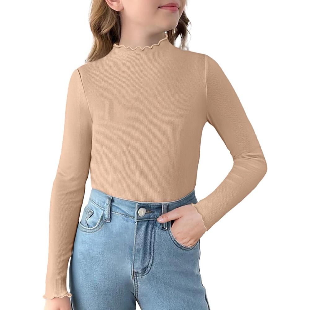 imageArshiner Girls Lettuce Trim Mock Neck Long Sleeve Shirts Ribbed Knit Slim Fit Base Layer Tops TeesKhaki