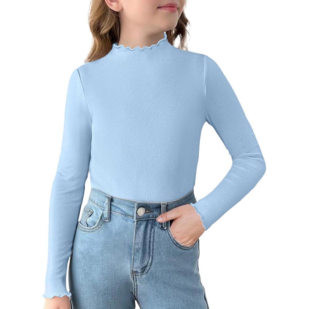 imageArshiner Girls Lettuce Trim Mock Neck Long Sleeve Shirts Ribbed Knit Slim Fit Base Layer Tops TeesLight Blue