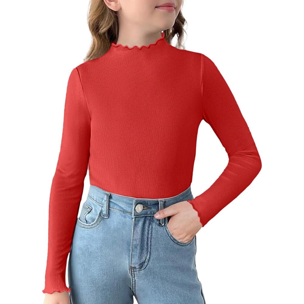 imageArshiner Girls Lettuce Trim Mock Neck Long Sleeve Shirts Ribbed Knit Slim Fit Base Layer Tops TeesRed