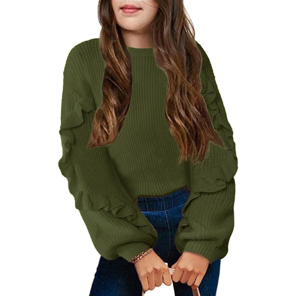 imageArshiner Girls Long Lantern Sleeve Sweaters Crew Neck Knit Pullover Jumper TopArmy Green