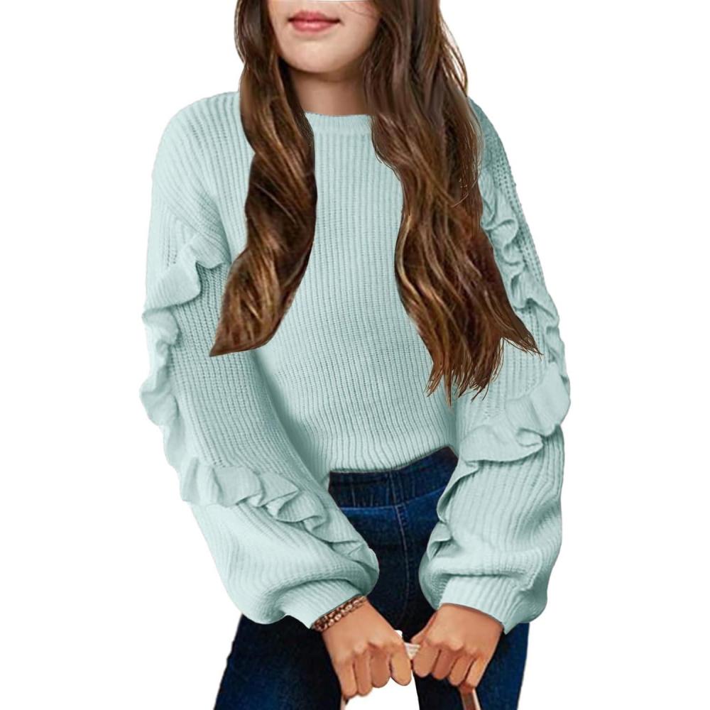imageArshiner Girls Long Lantern Sleeve Sweaters Crew Neck Knit Pullover Jumper TopBlue
