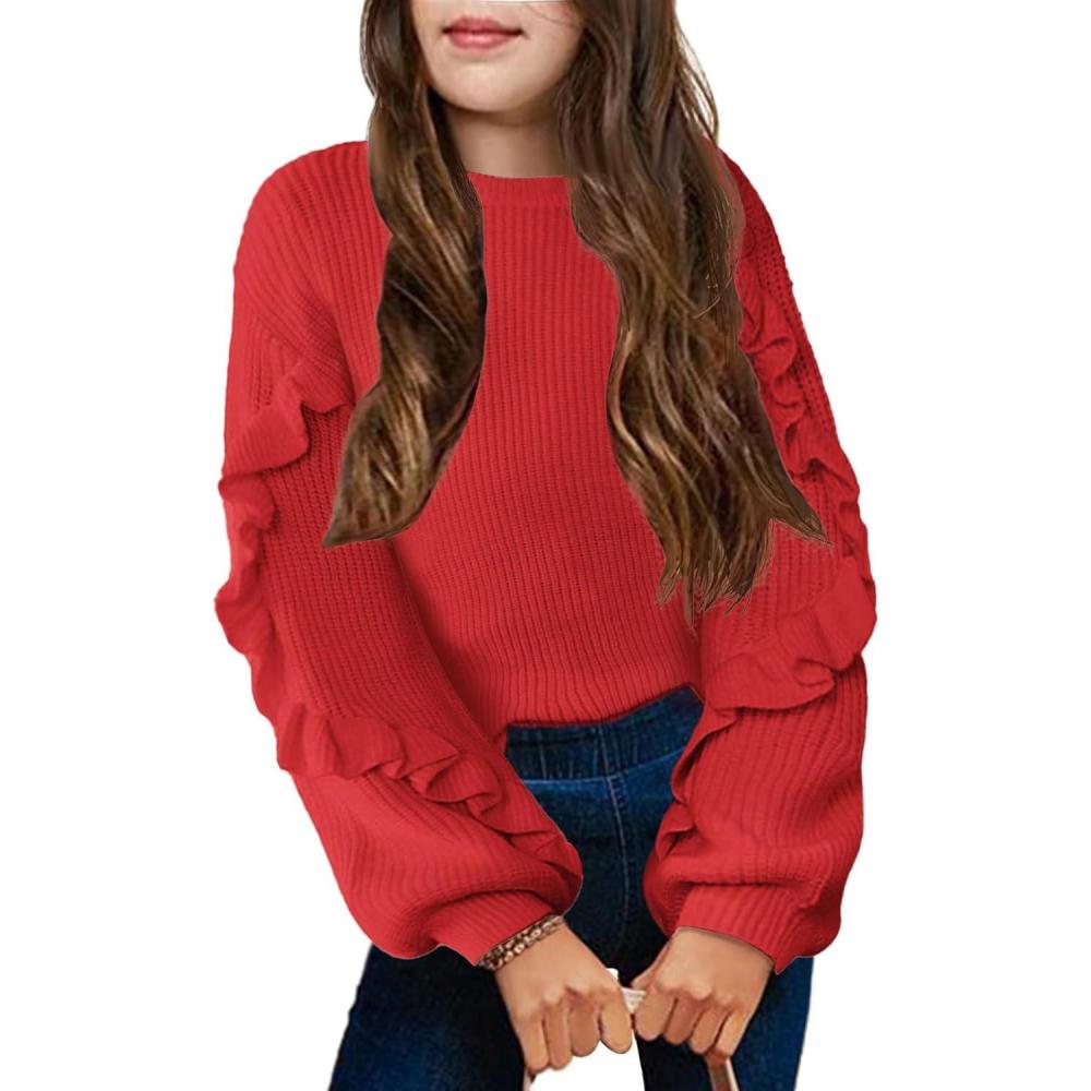 imageArshiner Girls Long Lantern Sleeve Sweaters Crew Neck Knit Pullover Jumper TopRed