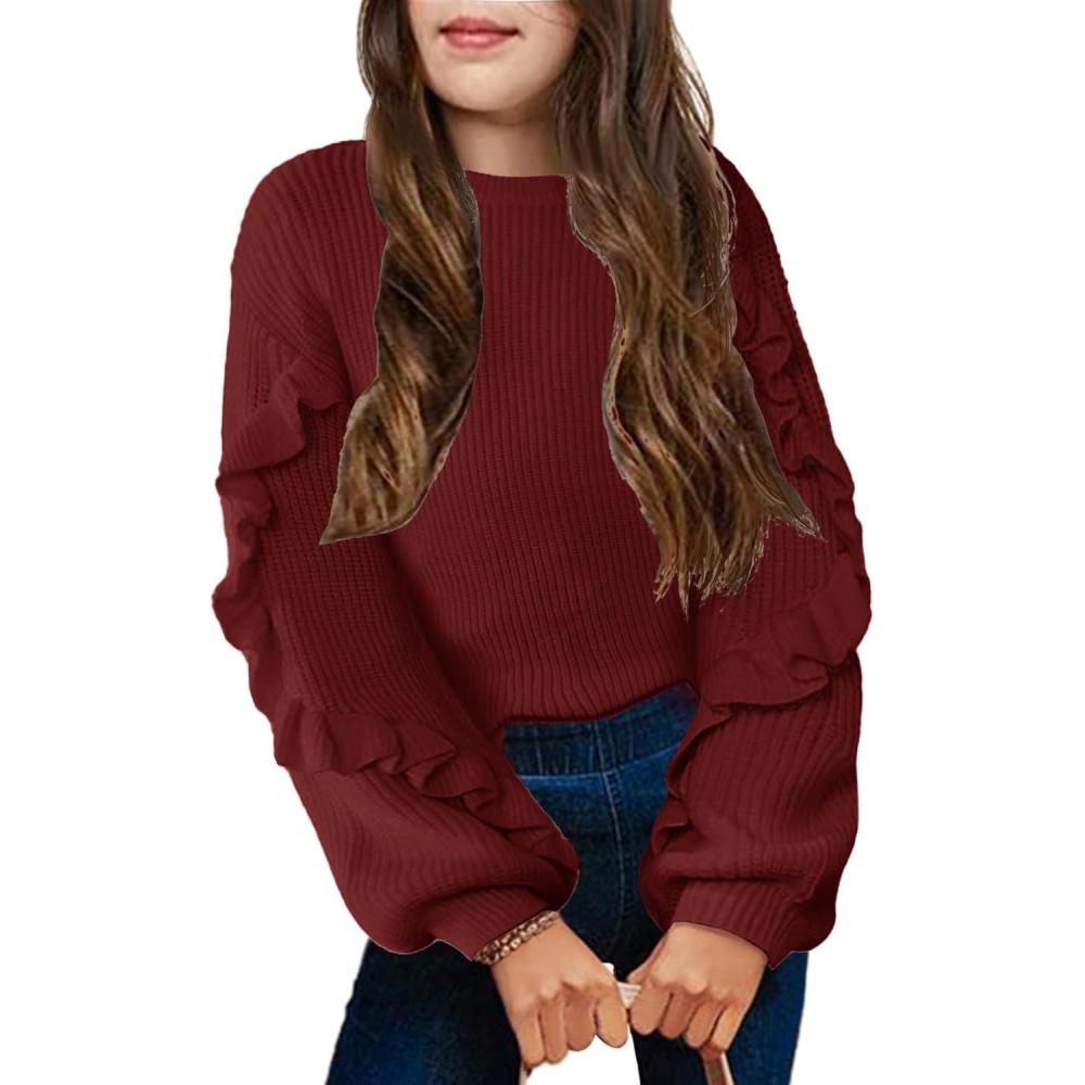 imageArshiner Girls Long Lantern Sleeve Sweaters Crew Neck Knit Pullover Jumper TopWine Red