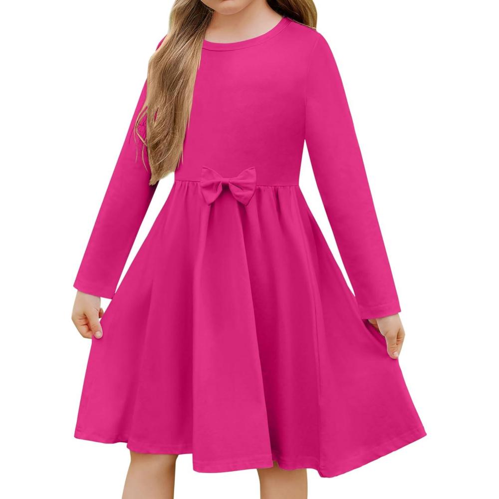 imageArshiner Girls Long Sleeve Dress A line Twirly Skater Casual Bow Tie DressRose Red
