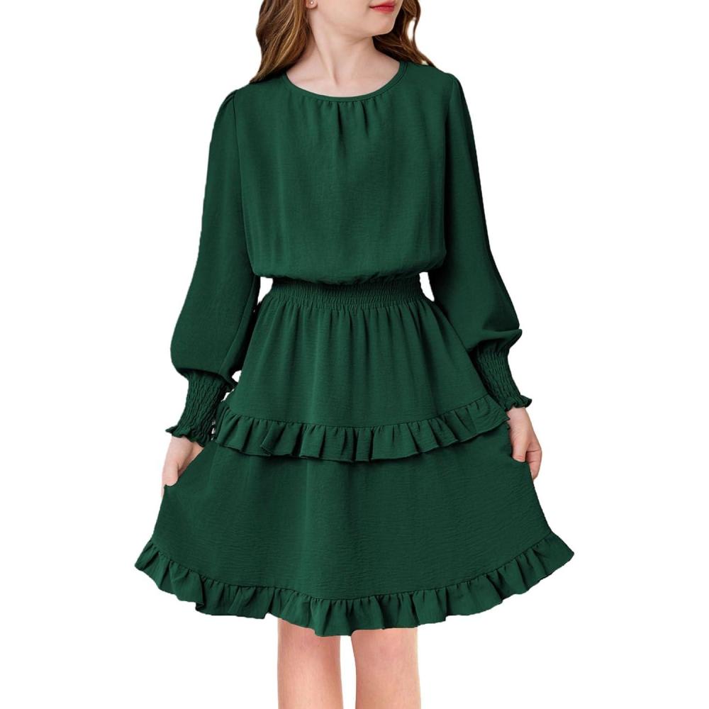 imageArshiner Girls Long Sleeve Dress Boho Tiered Ruffle Hem Elegant Smocked Waist Midi DressDark Green