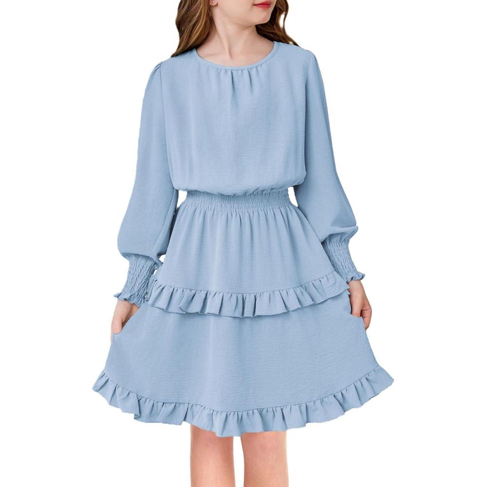 imageArshiner Girls Long Sleeve Dress Boho Tiered Ruffle Hem Elegant Smocked Waist Midi DressLight Blue