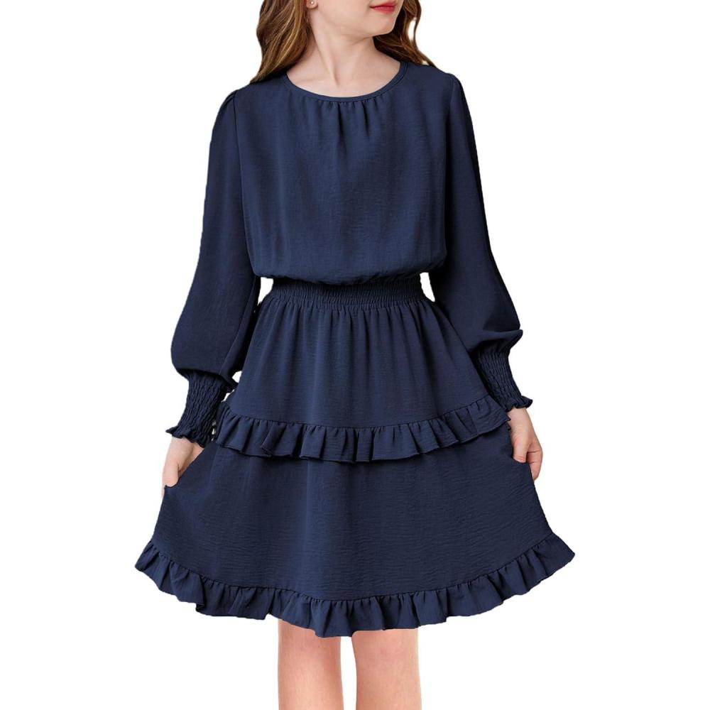 imageArshiner Girls Long Sleeve Dress Boho Tiered Ruffle Hem Elegant Smocked Waist Midi DressNavy Blue