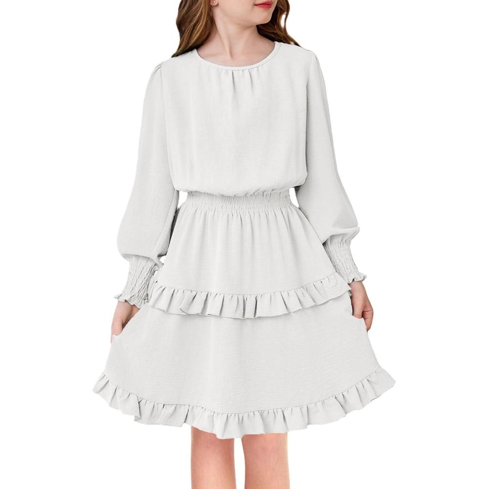 imageArshiner Girls Long Sleeve Dress Boho Tiered Ruffle Hem Elegant Smocked Waist Midi DressWhite
