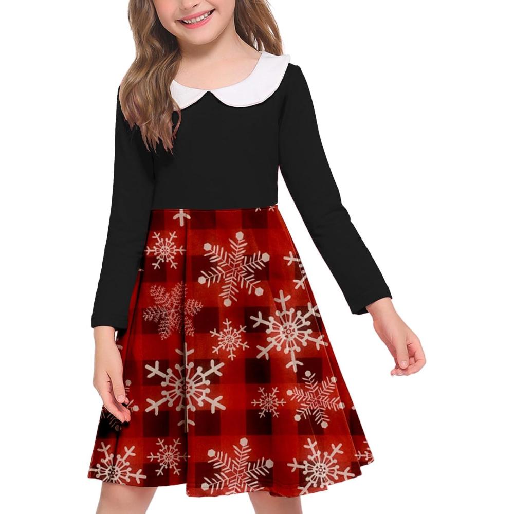 imageArshiner Girls Long Sleeve Dress Casual Vintage Peter Pan Collar Swing Party Dress Age 314 YearsChristmas Plaid