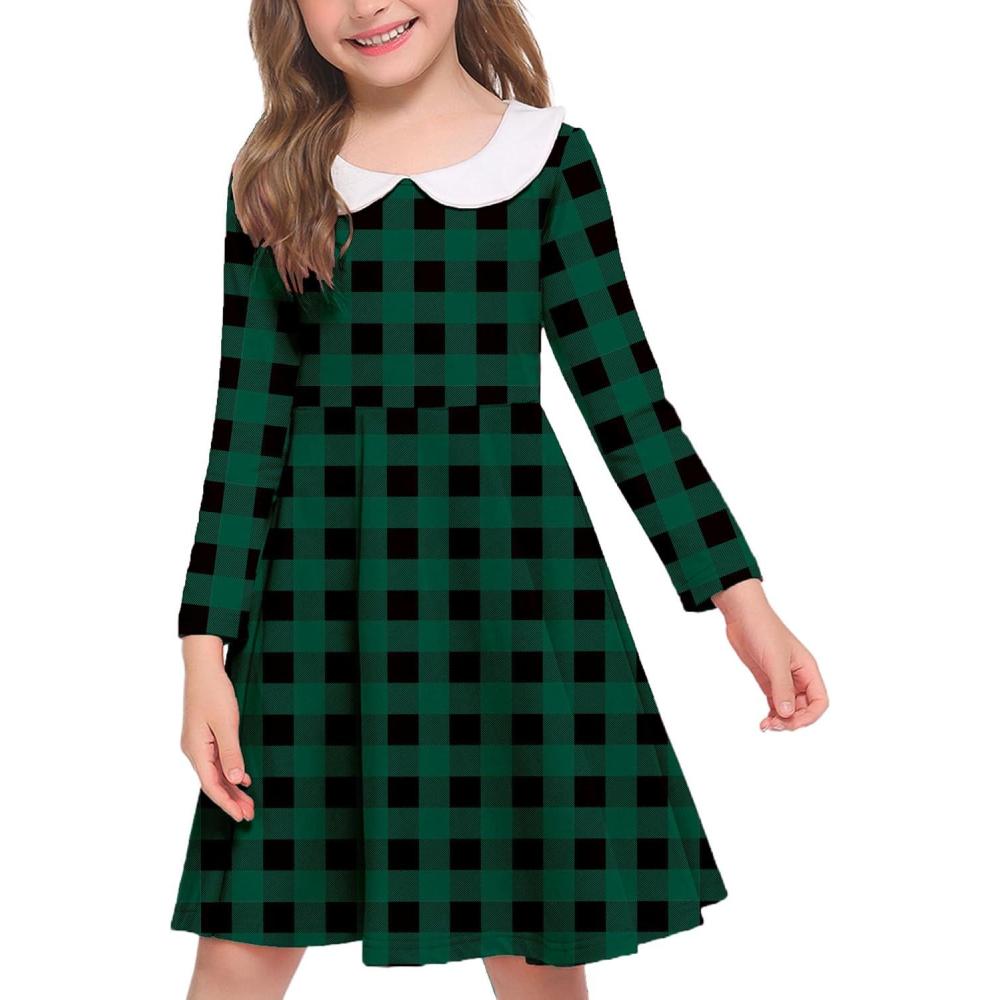 imageArshiner Girls Long Sleeve Dress Casual Vintage Peter Pan Collar Swing Party Dress Age 314 YearsGreen Plaid