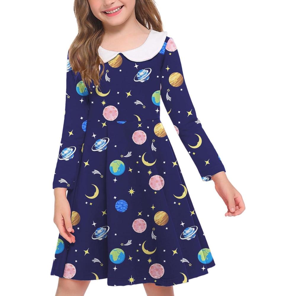 imageArshiner Girls Long Sleeve Dress Casual Vintage Peter Pan Collar Swing Party Dress Age 314 YearsHalloween Space