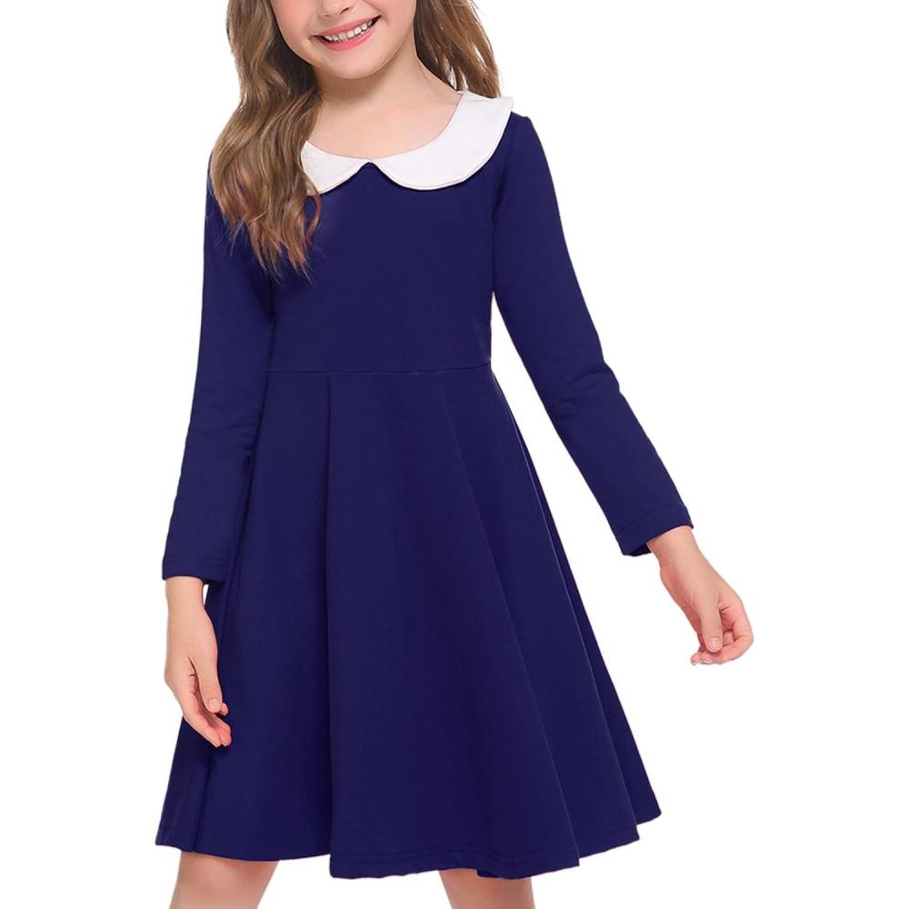 imageArshiner Girls Long Sleeve Dress Casual Vintage Peter Pan Collar Swing Party Dress Age 314 YearsNo Belt Navy Blue